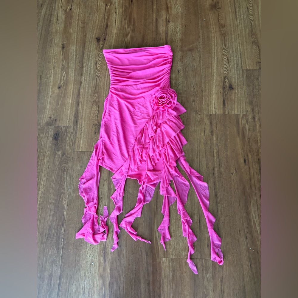 Pink Strapless Dress with Ruffle Details and Rose